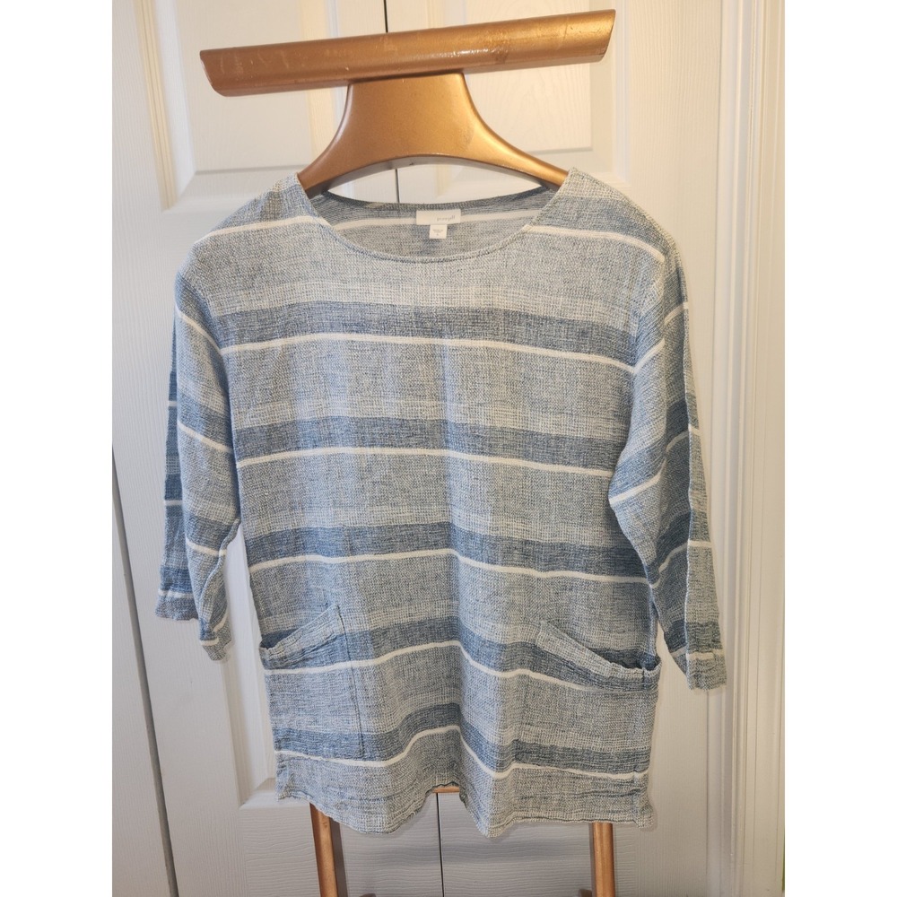 Pure Jill Linen Cotton Blend Tweed 3/4 Sleeve Striped Pocket Top Size Small